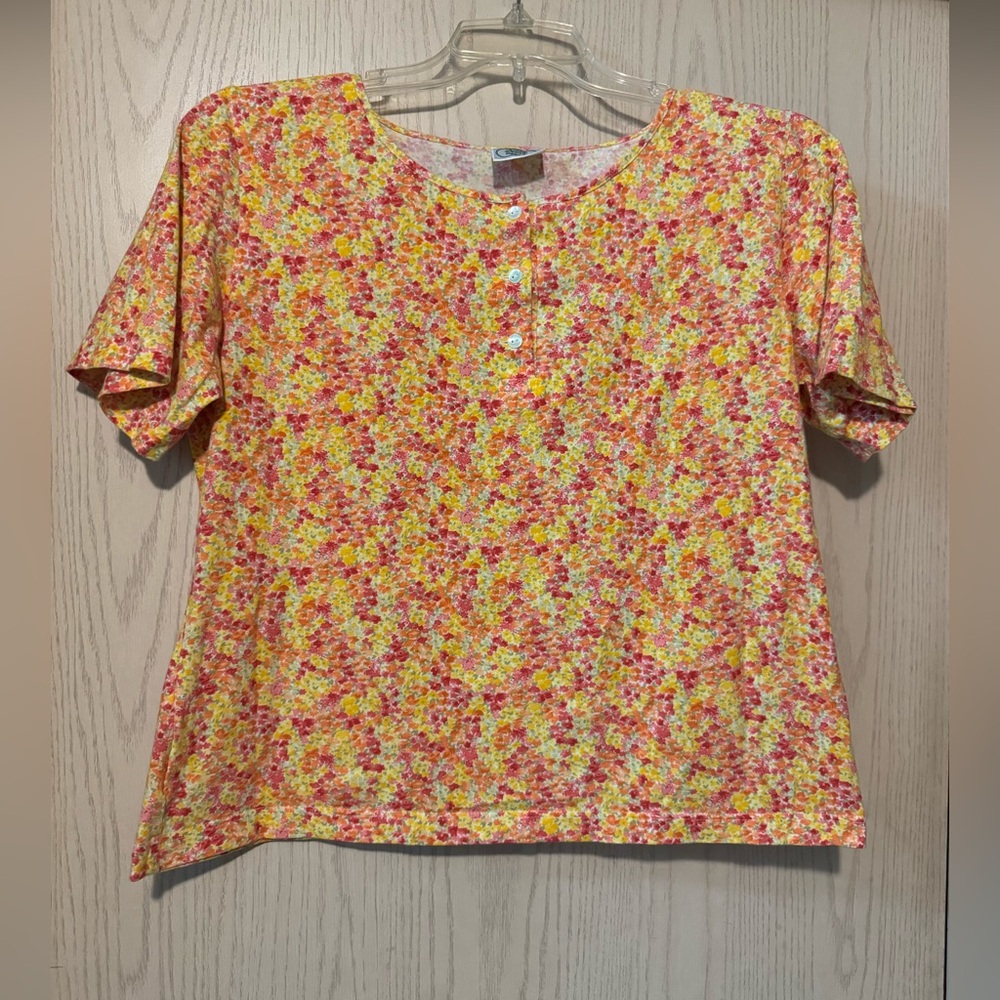 Vintage Laura Ashley Pink Orange Yellow Floral Print Tee Shirt size Large